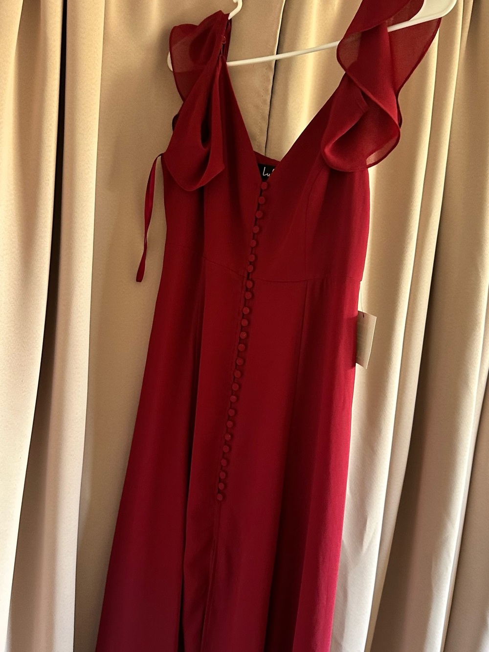 Lulu's Red Maxi Dress with Ruffle Shoulder Detail